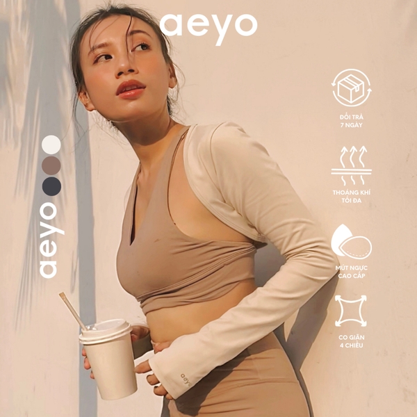 Áo bra thể thao yoga Aura Feminine, cổ chữ V, màu nâu và màu be, chất liệu aeyoFit, ôm vừa vặn