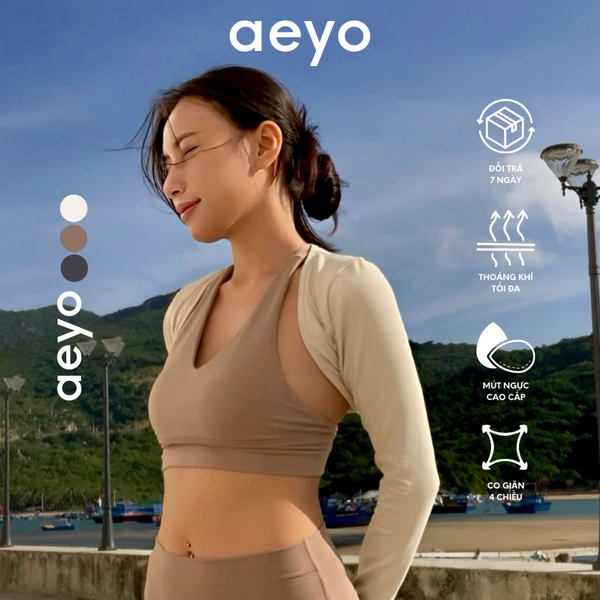 Áo bra thể thao yoga Aura Feminine, cổ chữ V, màu nâu và màu be, chất liệu aeyoFit, ôm vừa vặn