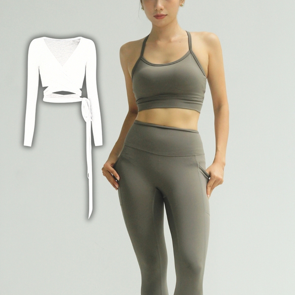 aeyo I Bộ đồ tập yoga gym nữ áo dây chéo, quần dài cạp cao Dynamic kèm áo khoác cột dây Lace