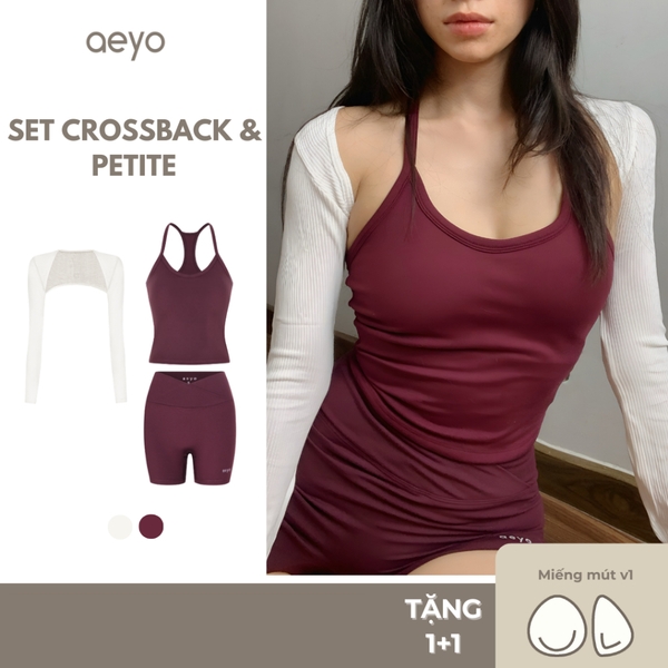 aeyo I Bộ đồ tập yoga gym nữ áo ba lỗ, quần đùi cạp chéo Tank top kèm áo khoác lửng Petite