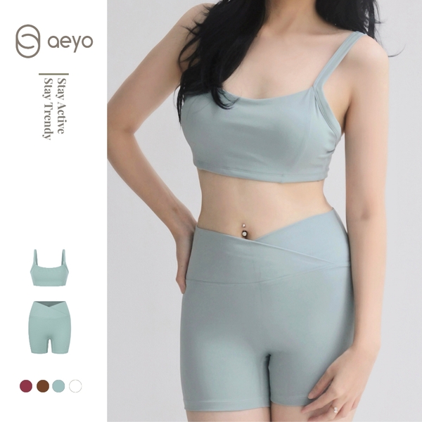 aeyo | Bộ đồ tập yoga gym nữ, áo hai dây mút rời, quần đùi cạp chéo ôm sát tôn dáng Classic Strap
