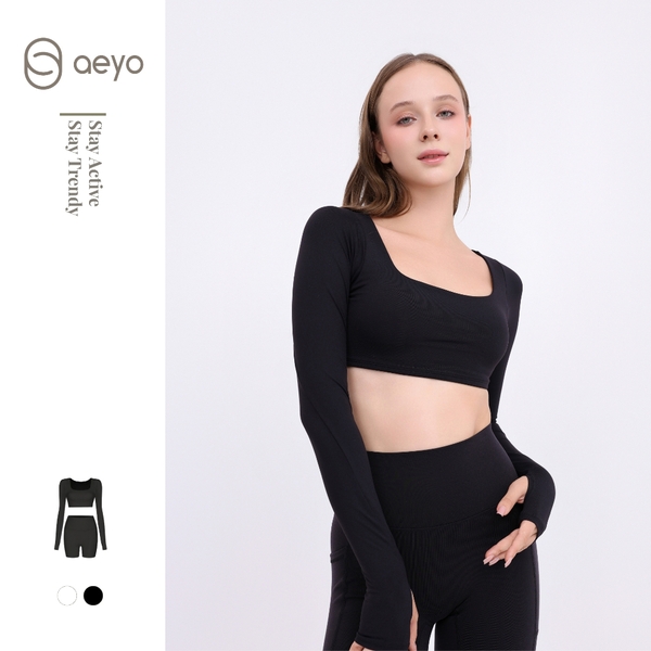 aeyo | Bộ đồ tập yoga gym pilates nữ, áo bra phối màu tay dài, quần đùi ôm sát tôn dáng BLISS