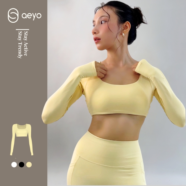 aeyo | Áo bra tập yoga gym pilates nữ Mellow cổ vuông, dài tay, mút rời, vải thun dày dặn BL005