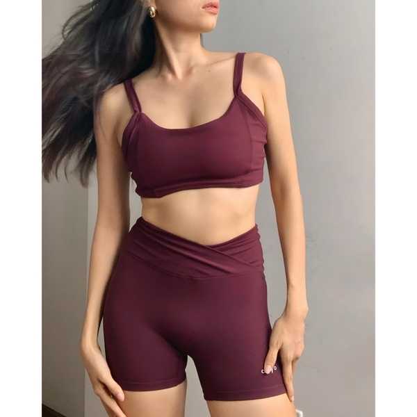 aeyo | Bộ đồ tập yoga gym nữ, áo hai dây mút rời, quần đùi cạp chéo ôm sát tôn dáng Classic Strap