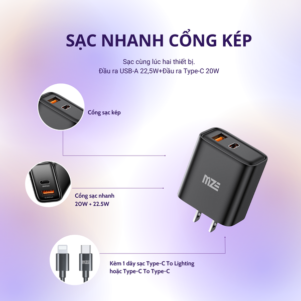 Bộ cáp sạc điện thoại 2 cổng MZE Charge Max I - TypeC To Lighting - PC01