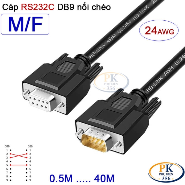 Dây cáp RS232C DB9 nối chéo 2 đầu đực- cái male - female Null Modem 24AWG vỏ PVC cao cấp 0.5M-40M