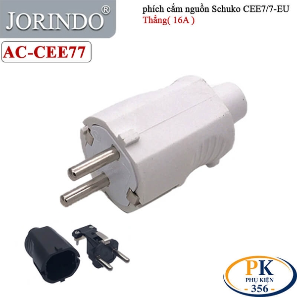 Phích cắm nguồn 2 chân EU CEE 7/7 Schuko 250V 16A JORINDO AC-CE77 - Thẳng màu trắng