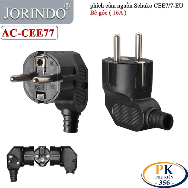 Phích cắm nguồn 2 chân EU bẻ góc Màu đen CEE 7/7 Schuko 250V 16A JORINDO AC-CE77