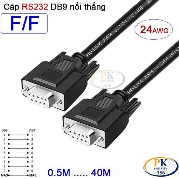 Dây cáp RS232 DB9 nối thẳng 2 đầu cái female - female 24AWG vỏ PVC cao cấp dài 0.5M-40M