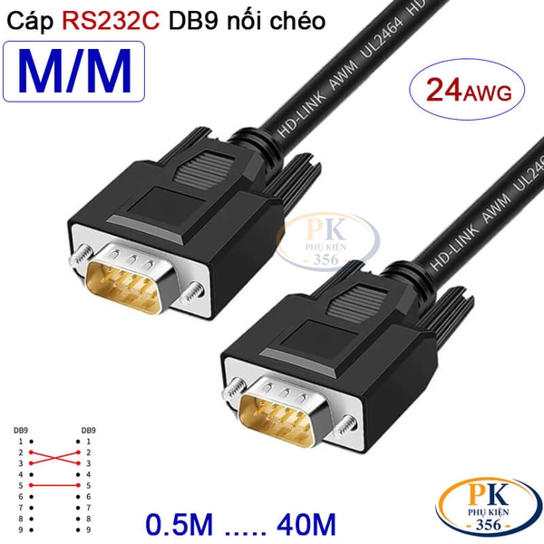 Dây cáp RS232C DB9 nối chéo 2 đầu đực male - male Null Modem 24AWG vỏ PVC cao cấp 0.5M-40M