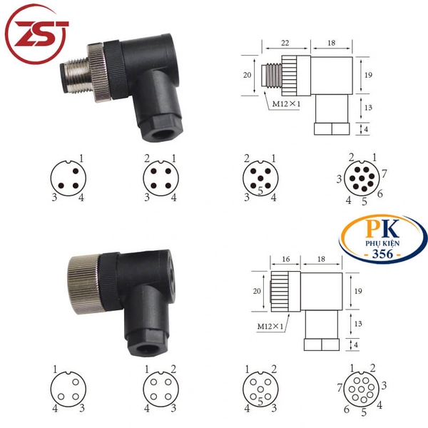 Kích thước Đầu nối cảm biến M12 bẻ góc  IP67 ZSJ M12H-L
