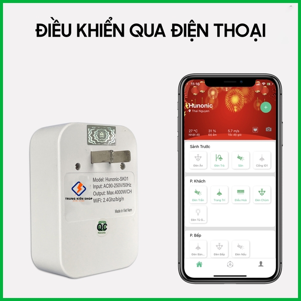 Ổ cắm thông minh Hunonic SK01. Điều khiển từ xa bằng điện thoại thông qua Wifi| Hẹn giờ tự động 4000w- 20A