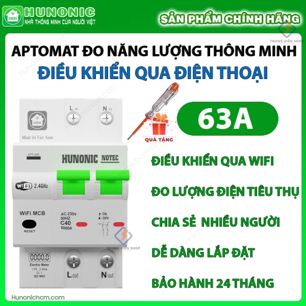 [Tặng hộp + Bút điện ] Aptomat Đo Năng Lượng Hunonic Notec Điều Khiển Từ Xa Qua Wifi - BH 24 tháng lỗi đổi mới