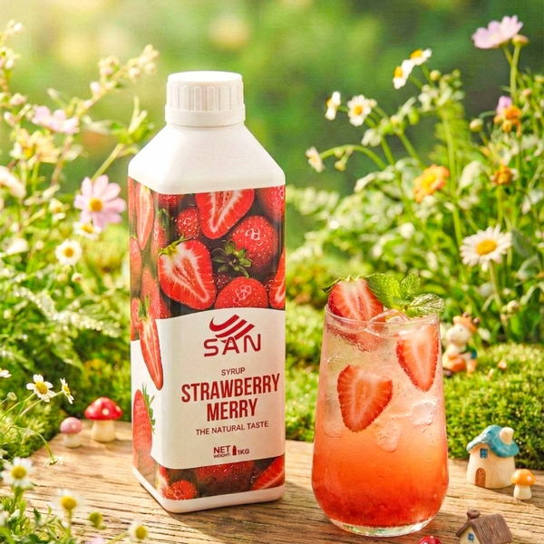 Syrup Dâu Merry SAN Chai 1Kg – Siro Pha Trà Trái Cây, Soda, Đá Xay