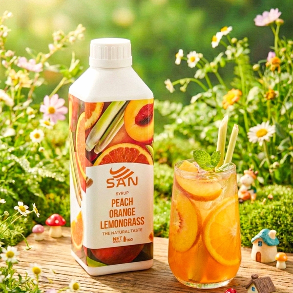 Syrup Đào Cam Sả SAN Chai 1Kg – Siro Pha Trà Đào, Trà Trái Cây, Soda