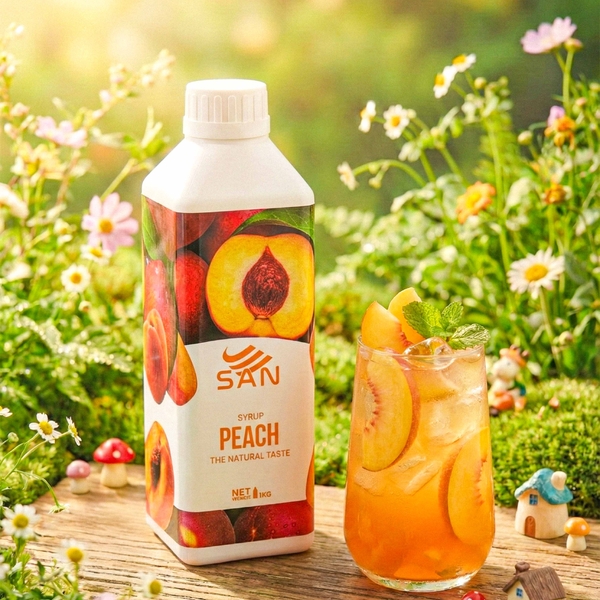 Syrup Đào Ori SAN Chai 1Kg – Siro Pha Trà Đào, Trà Trái Cây, Soda