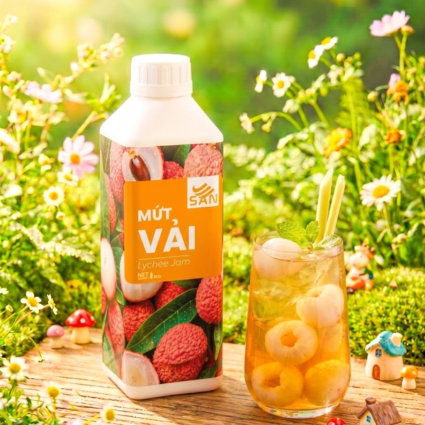 Mứt Vải Thiều Chai 1kg Tiện Dụng, Chuẩn Pha Chế Trà Vải, Soda, Trà Trái Cây