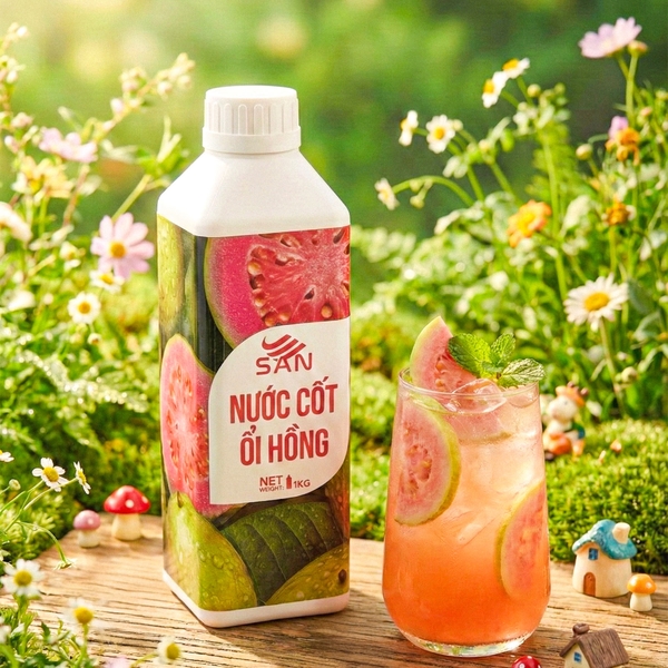 Nước Cốt Ổi Hồng SAN Chai 1Kg, có mẫu thử, công thức, pha chế chuẩn quán, dễ sử dụng, đủ hương vị