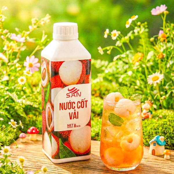 Nước Cốt Vải SAN Chai 1Kg, có mẫu thử, công thức, pha chế chuẩn quán, dễ sử dụng, đủ hương vị