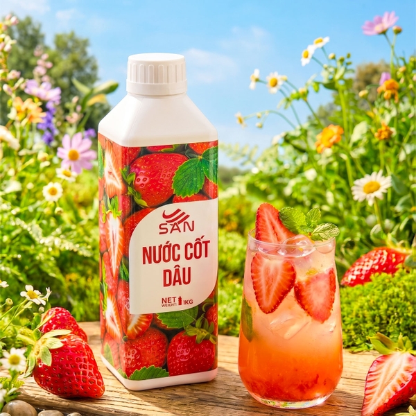 Nước Cốt Dâu SAN Chai 1Kg – Nguyên Liệu Pha Chế Trà Trái Cây, Soda, Đá Xay