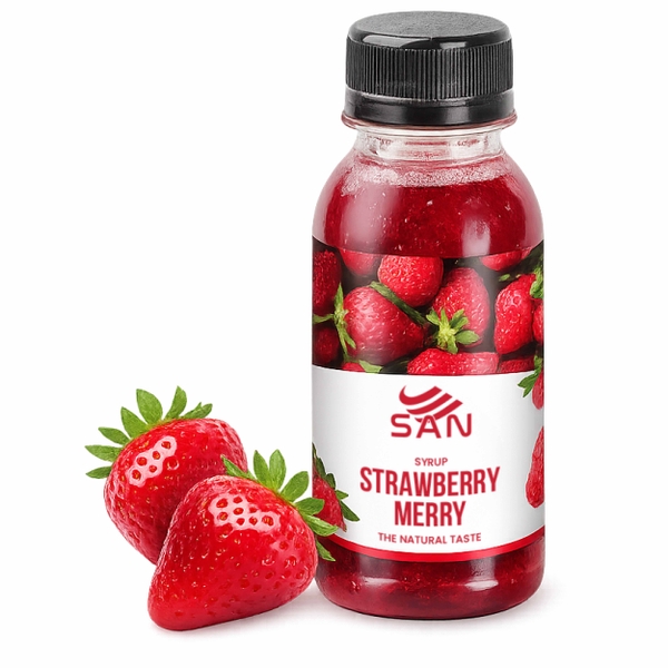 SYRUP DÂU MERRY Chai nhỏ 100ml (Trái Cây Tự Nhiên - Hương Thơm, Màu Sắc Nổi Bật)