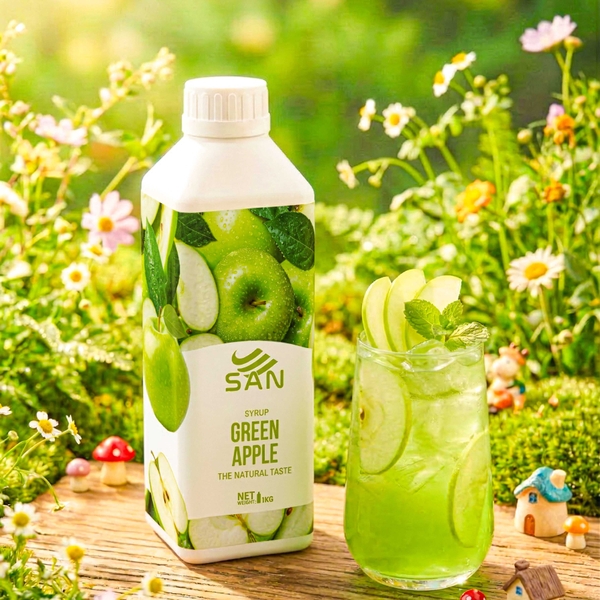 Syrup Táo Xanh SAN Chai 1Kg, có mẫu thử, công thức, pha chế chuẩn quán, dễ sử dụng, đủ hương vị