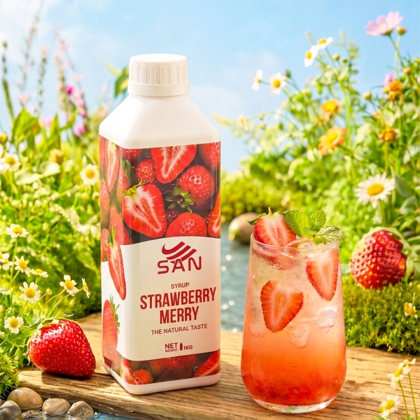 Syrup Dâu Merry SAN Chai 1Kg – Siro Pha Trà Trái Cây, Soda, Đá Xay