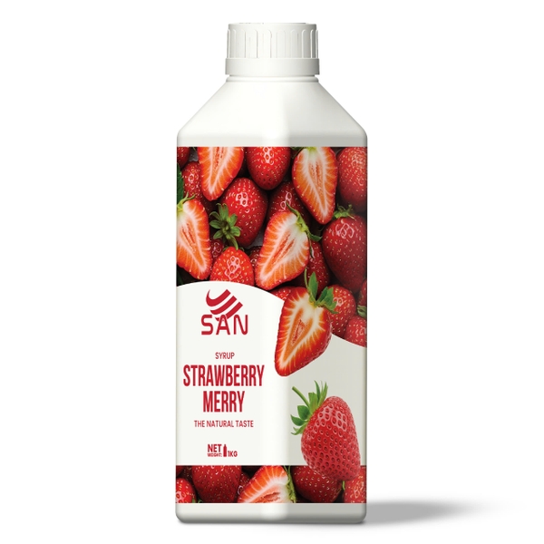 SYRUP DÂU MERRY Chai 1Kg (Trái Cây Tự Nhiên - Hương Thơm, Màu Sắc Nổi Bật)