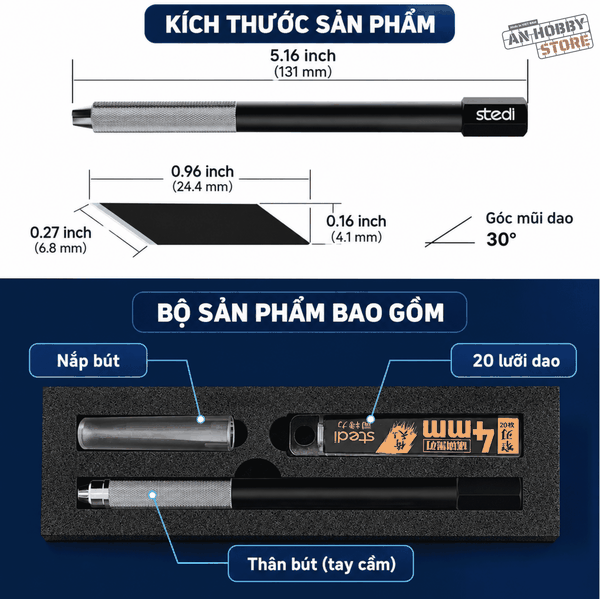 [Chính Hãng] Stedi Dao Gọt Mô Hình, Xử lý ghẻ MS 21 Cao Cấp Cán Kim Loại + hộp Dao 4mm 20 lưỡi