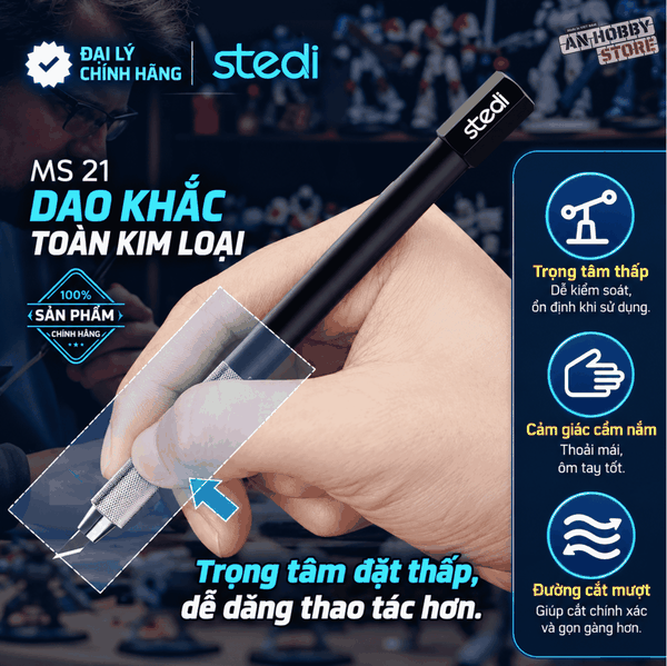 [Chính Hãng] Stedi Dao Gọt Mô Hình, Xử lý ghẻ MS 21 Cao Cấp Cán Kim Loại + hộp Dao 4mm 20 lưỡi