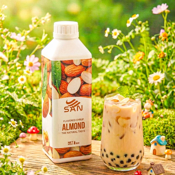 SYRUP HƯƠNG HẠNH NHÂN Chai 1Kg, đậm đà, có chai chiết 100ml tặng công thức, latte, trà sữa, làm bánh, pha chế đa dạng