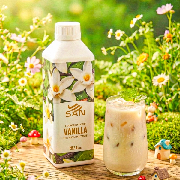 SYRUP VANILLA Chai 1Kg, đậm đà, có chai chiết 100ml tặng công thức, latte, trà sữa, làm bánh, pha chế đa dạng