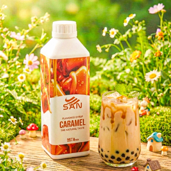 SYRUP HƯƠNG CARAMEL Chai 1Kg, đậm đà, có chai chiết 100ml tặng công thức, latte, trà sữa, làm bánh, pha chế đa dạng