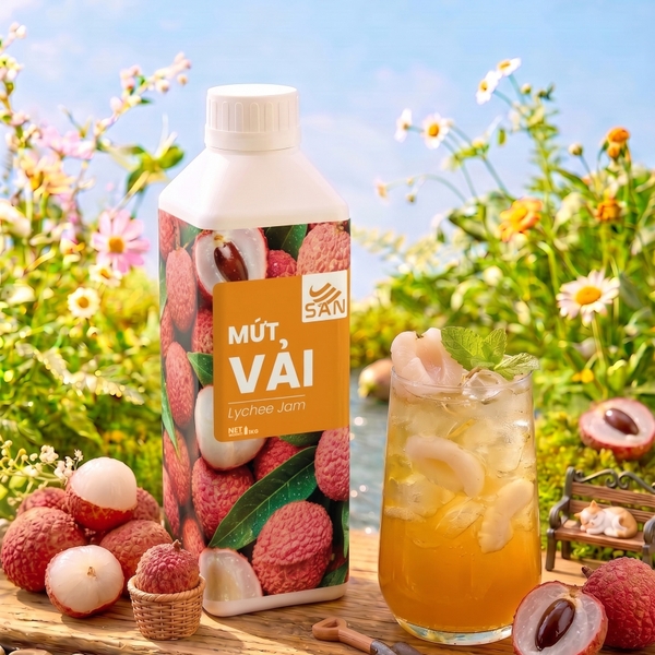 Mứt Vải Thiều Chai 1kg Tiện Dụng, Chuẩn Pha Chế Trà Vải, Soda, Trà Trái Cây