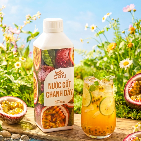 Nước Cốt Chanh Dây SAN Chai 1Kg – Pha Trà Trái Cây, Soda, Đá Xay, Sữa Chua