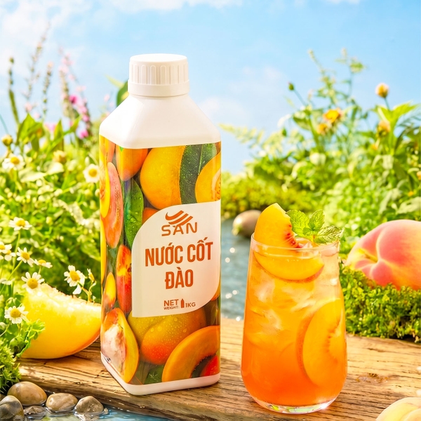 Nước Cốt Đào SAN Chai 1Kg – Nguyên Liệu Pha Chế Trà Đào, Trà Trái Cây, Soda
