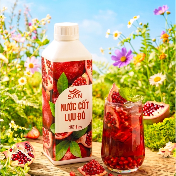 Nước Cốt Lựu Đỏ SAN Chai 1Kg – Nguyên Liệu Pha Chế Trà Trái Cây, Soda, Đá Xay