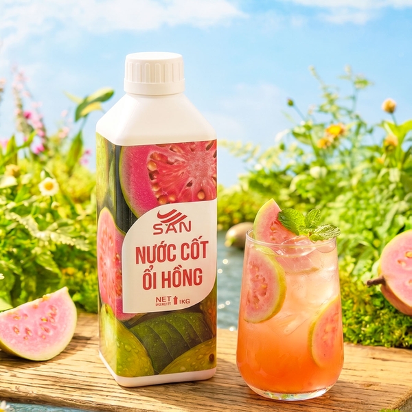 Nước Cốt Ổi Hồng SAN Chai 1Kg – Nguyên Liệu Pha Trà Trái Cây, Soda, Đá Xay