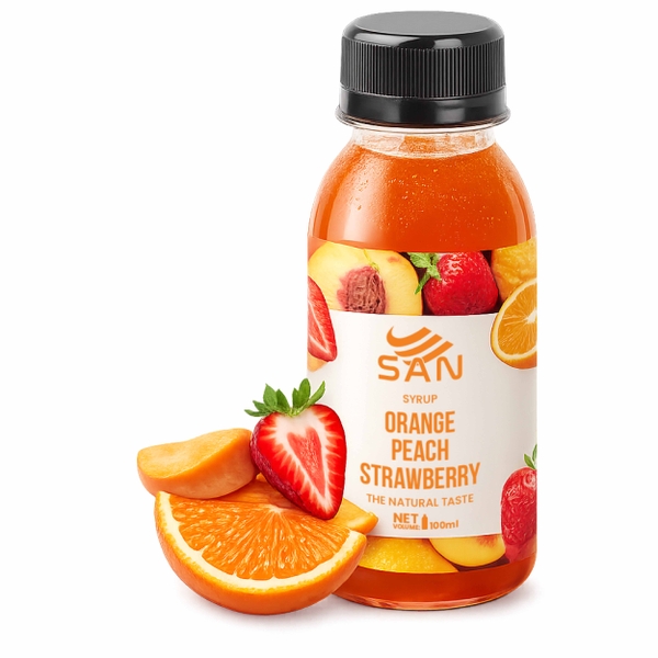 Syrup Cam Đào Dâu SAN Chai 1Kg – Siro Pha Trà Trái Cây, Soda, Cocktail, Đá Xay
