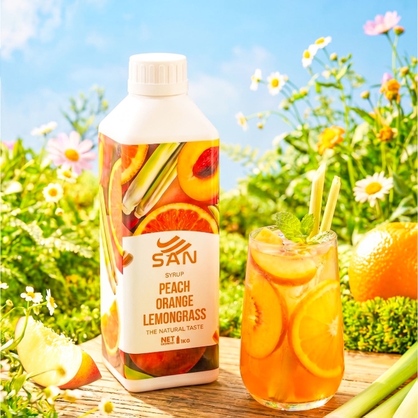 Syrup Đào Cam Sả SAN Chai 1Kg – Siro Pha Trà Đào, Trà Trái Cây, Soda
