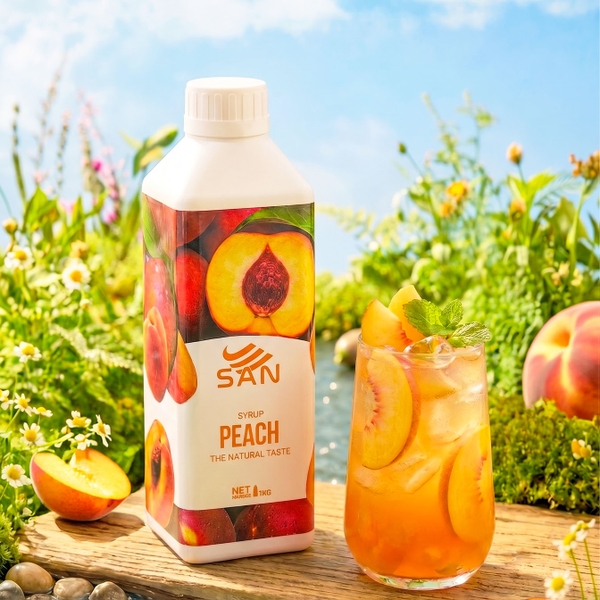 Syrup Đào Ori SAN Chai 1Kg – Siro Pha Trà Đào, Trà Trái Cây, Soda
