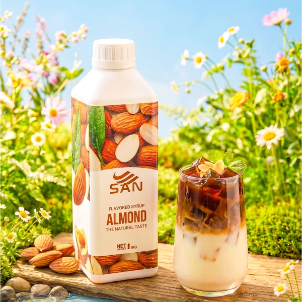 Syrup Hạnh Nhân SAN Chai 1Kg – Siro Almond Pha Cà Phê, Latte, Trà Sữa, Làm Bánh