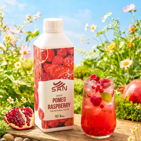 Syrup Lựu Đỏ Mâm Xôi SAN Chai 1Kg – Siro Pha Trà Trái Cây, Soda, Cocktail
