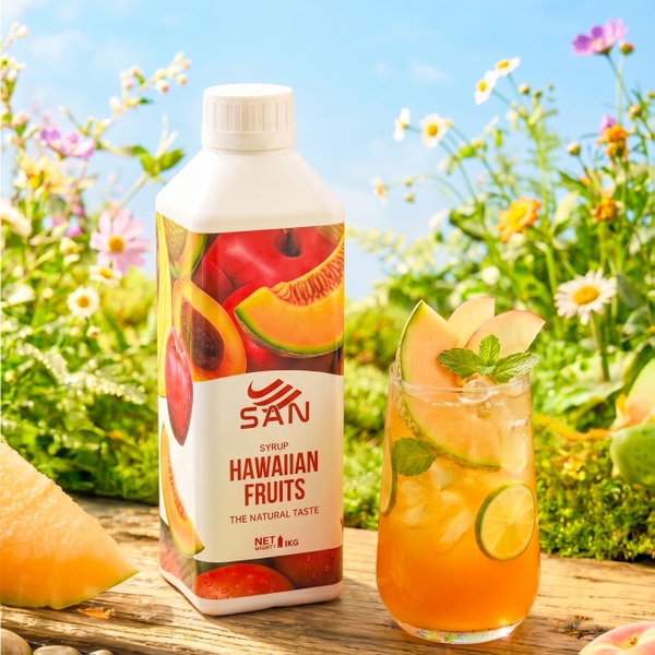 Syrup Táo Đào Dưa Lưới SAN Chai 1Kg – Siro Pha Trà Trái Cây, Soda, Đá Xay