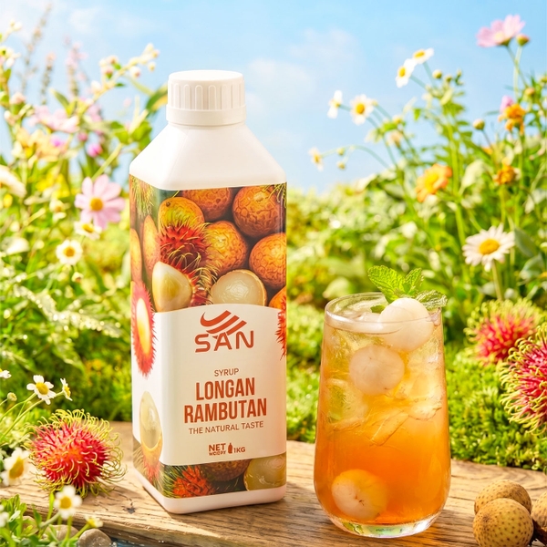Syrup Long Nhãn Chôm Chôm SAN Chai 1Kg – Siro Pha Trà Trái Cây, Soda, Đá Xay