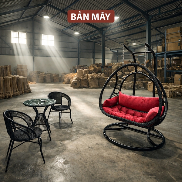 Bàn ghế ngoài trời, xích đu mây nhựa khung thép nội thất Bản Mây ngồi được 3 người đan thủ công cao cấp