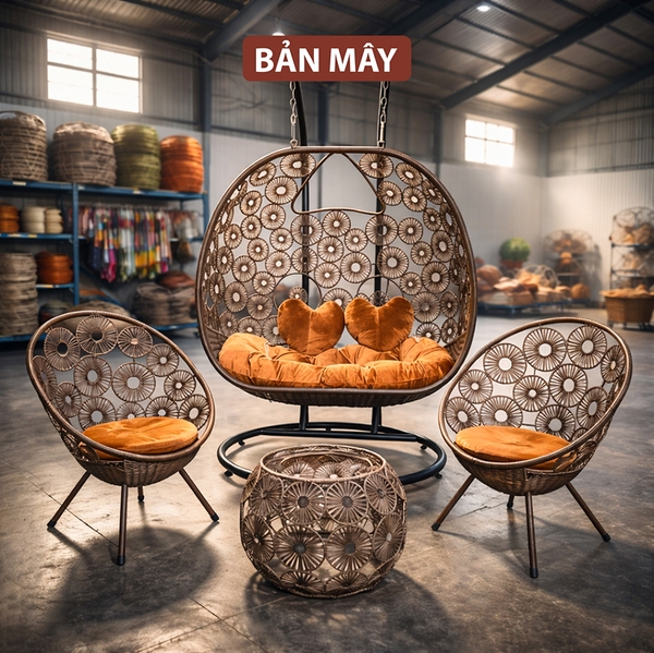 Bộ bàn ghế nội thất ngoài trời, xích đu sân vườn Bản Mây khung thép đan thủ công họa tiết đồng xu, hoa cúc trang trí nhà cửa