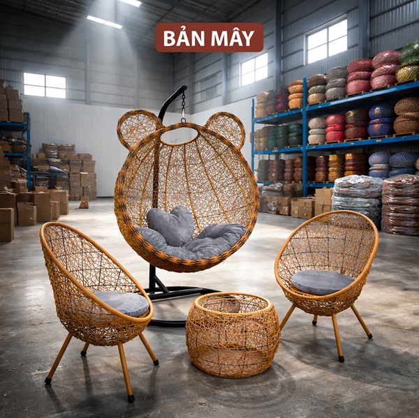 Bộ Bàn Ghế Xích Đu Mây Nhựa Tai Gấu Cao Cấp, Đan Vảy Rồng Độc Đáo