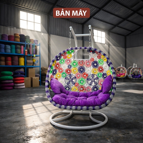 Xích Đu Mây Nhựa Cần Kép Đan Hoa Cúc Nhiều Màu – Thiết Kế Đan Tay Thủ Công Nổi Bật