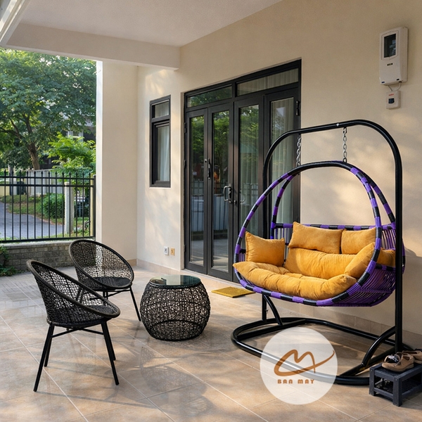 Bộ xích đu bàn ghế ban công, sân vườn, nội thất mây nhựa ngoài trời ngồi thư giãn, decor trang trí nhà cửa